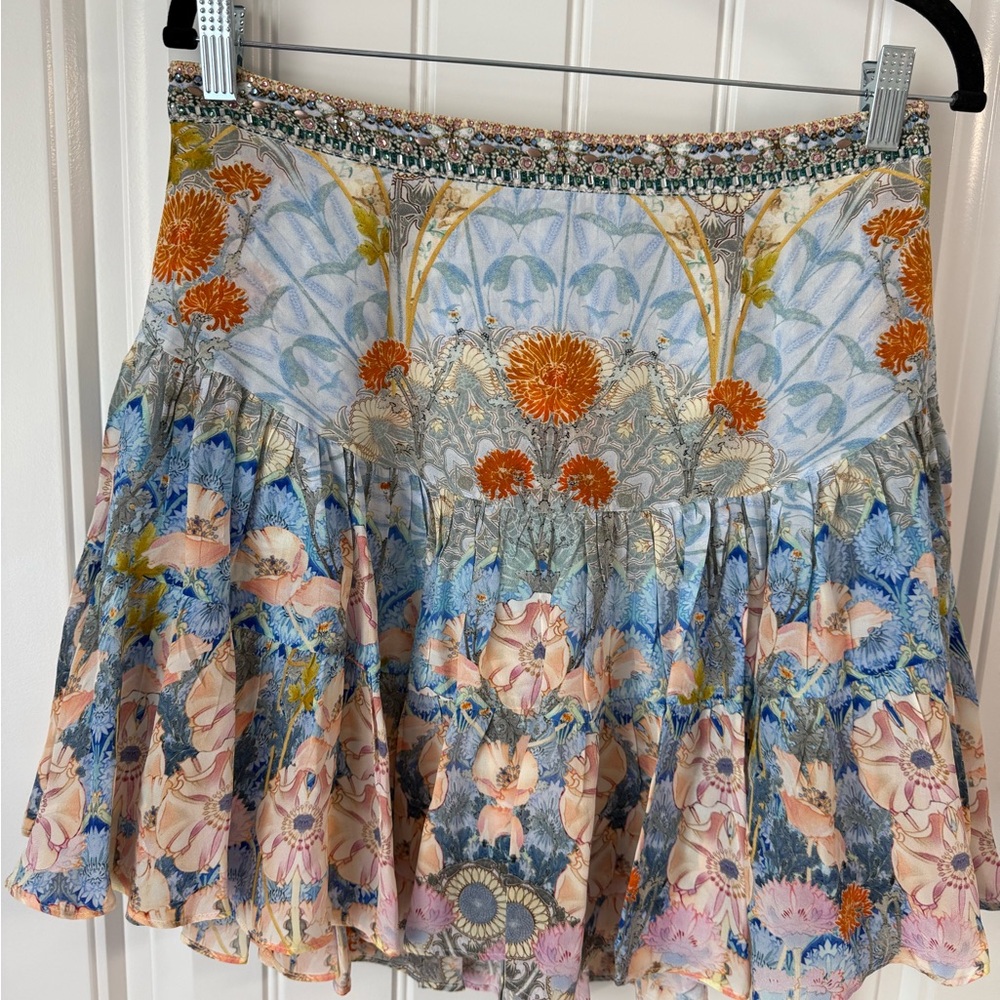Camilla Blue Skater Mini Skirt with Smocked Ruffles